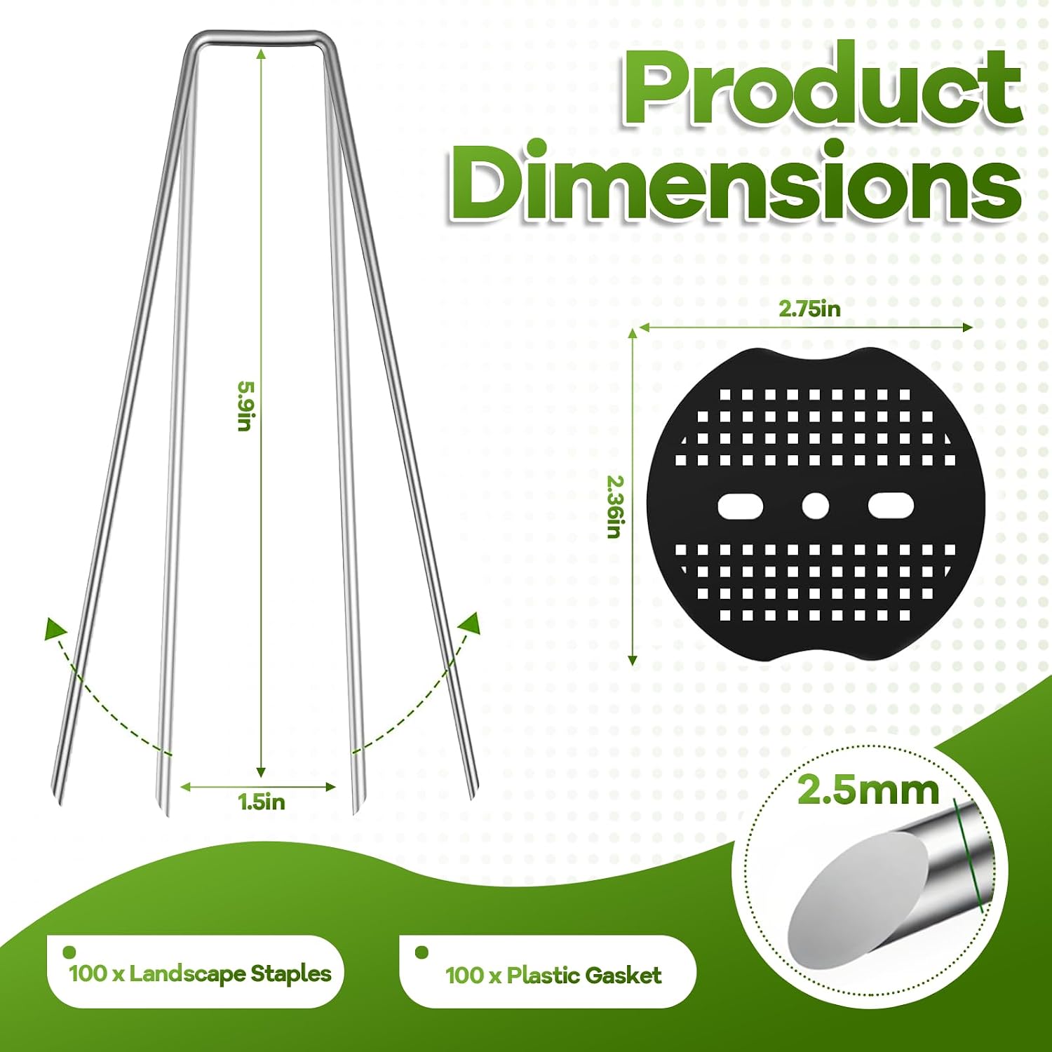 200PCS Garden Stakes Landscape Staples Set with Gasket, 11 Gauge | Heavy Duty Galvanized Garden Pins for Weed Barrier