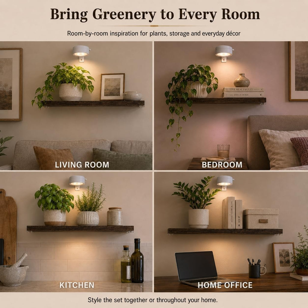 Set of 3 Floating Shelves for Wall with 3 Rechargeable Plant Grow Lights | Growing Lights with Remote Timer, Indoor