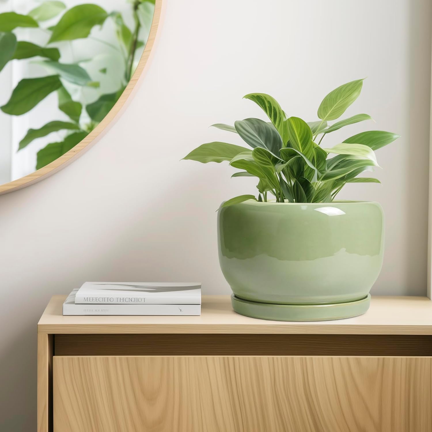 SQOWL Ceramic Planter - 10 Inch Pot for Plants Indoor Outdoor, Round Modern Flower Pot with Drainage Hole and Saucer