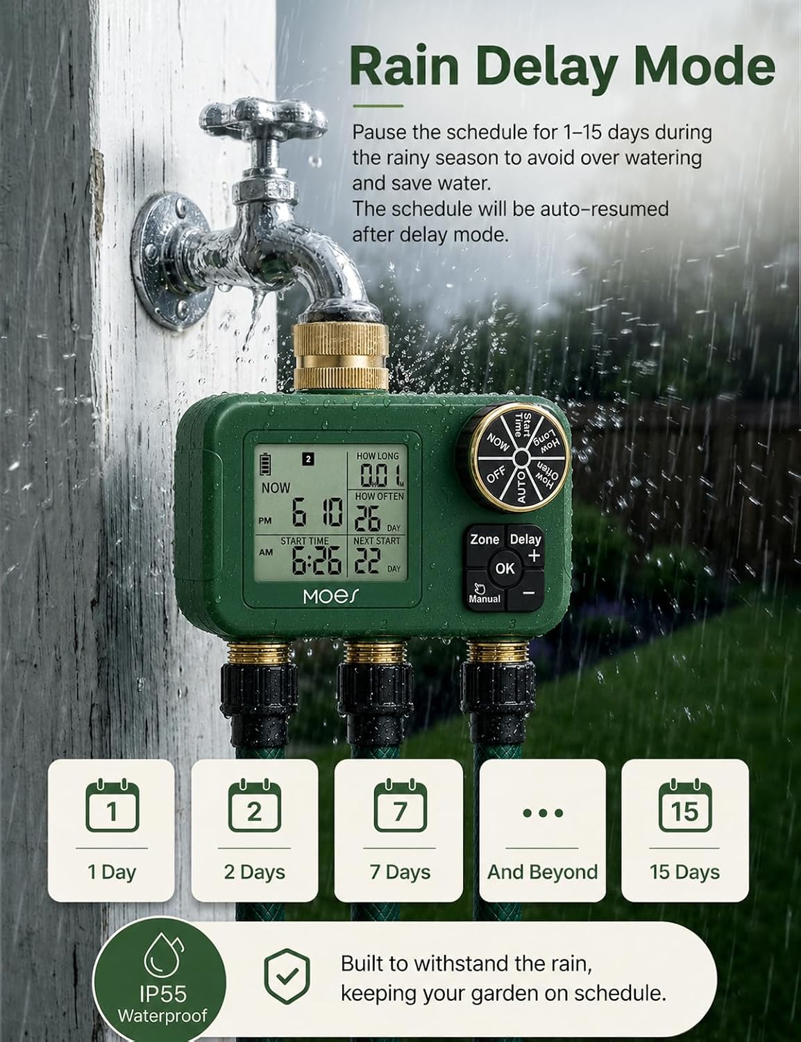 MOES 3-Zone Water Timer for Garden Lawn Hose, Brass 3/4 Inlet & Outlets | Independent Tripe-Outlet Sprinkler Timer