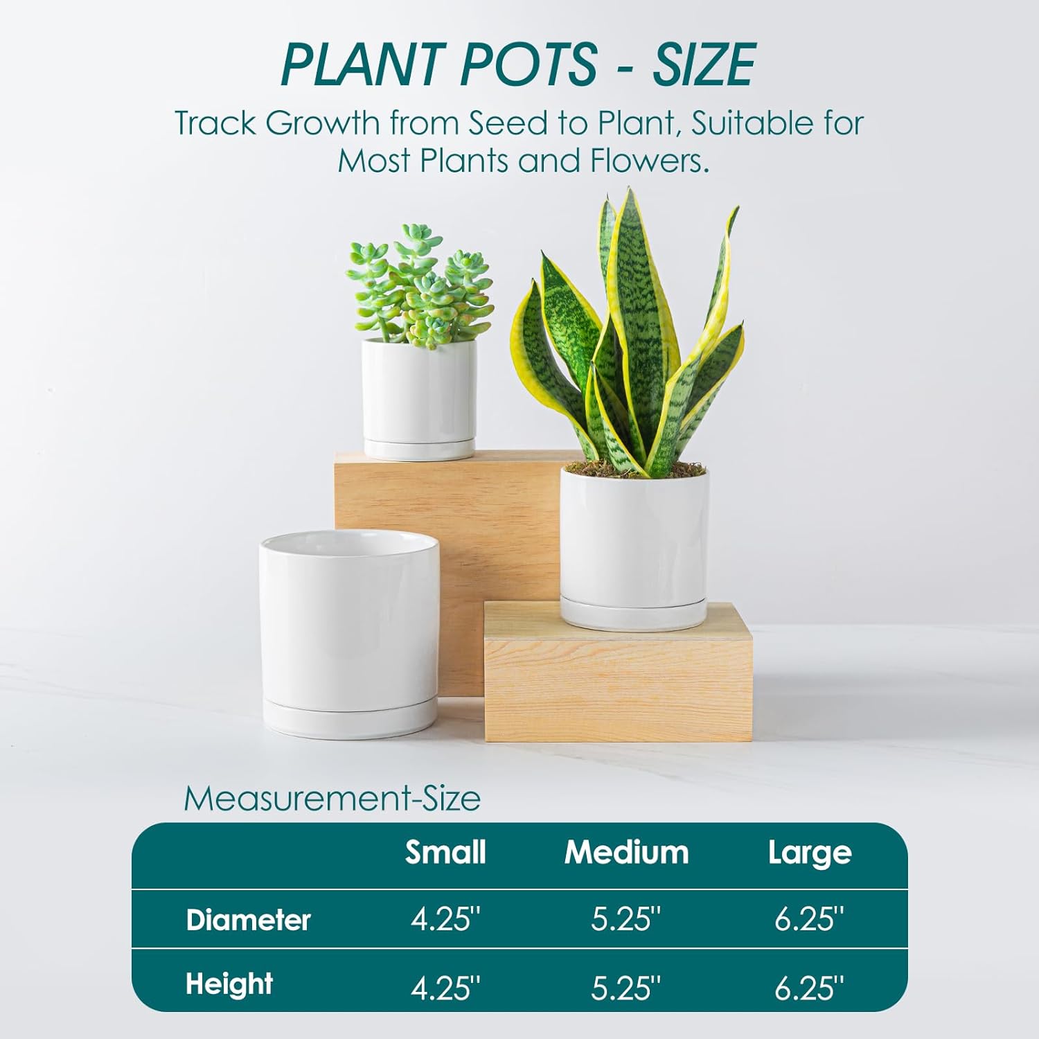 vancasso Ceramic Plant Pots, 3 Piece Planters for Indoor Plants, White | 4.25+5.25+6.25 Inch Flower Pots with Drainage