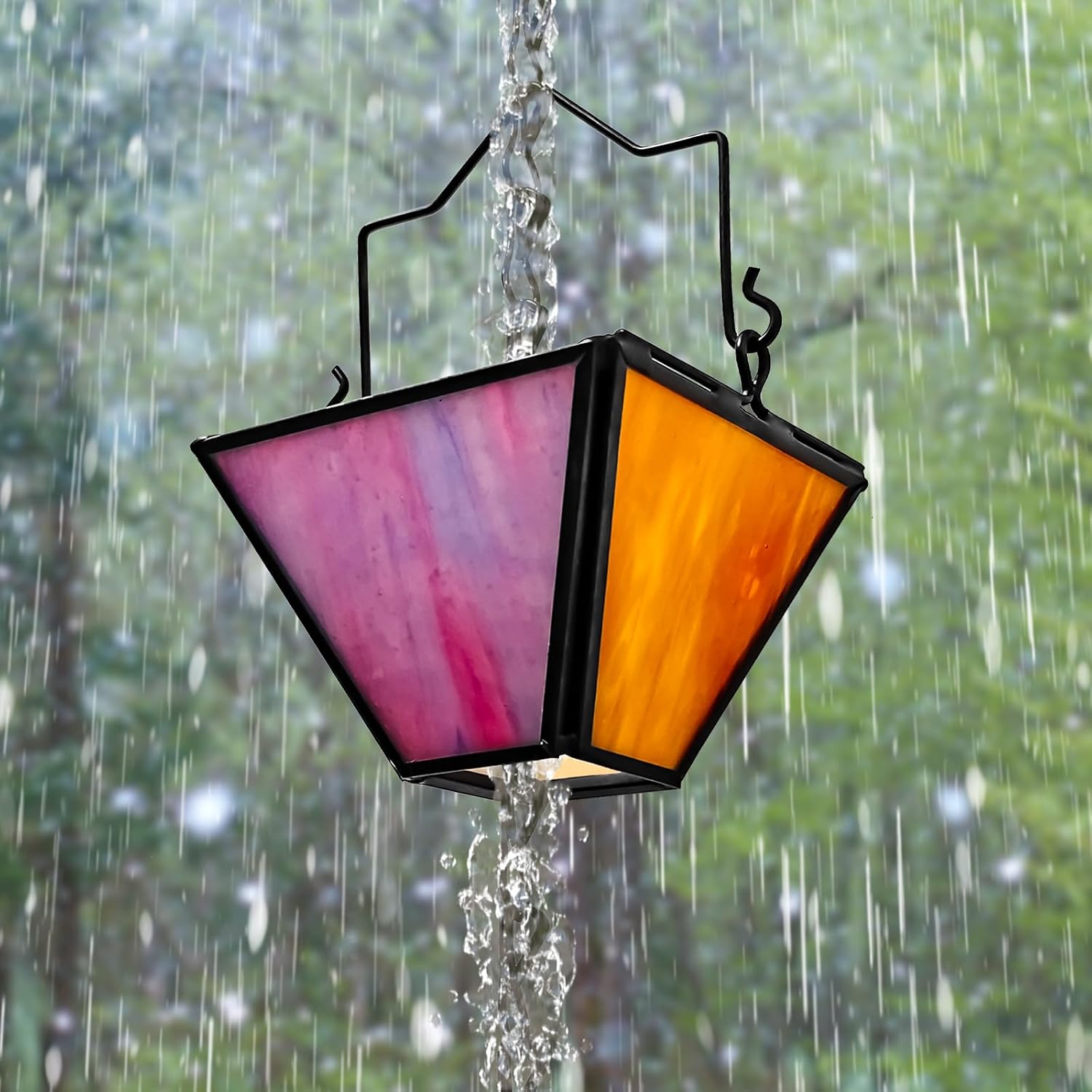 Rain Chain Set 8.5FT,Handmade Metal Inlaid Stained Glass Vintage Style, Rain Chains for Drains to Divert Water & Home