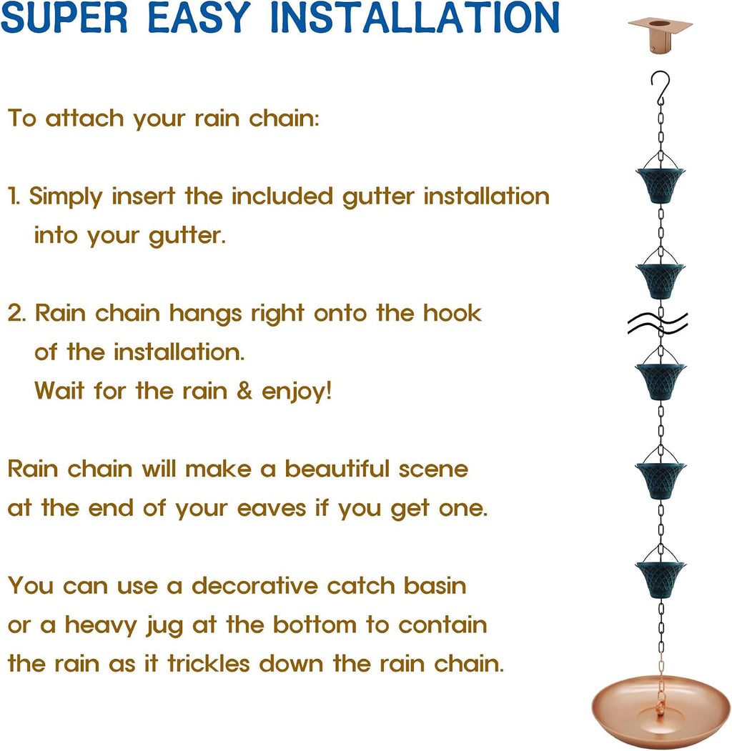 8.5FT Bell Iron Rain Chain for Gutters and Rain Barrel+Adapter, New Blue | Rain Chains for Downspout, Rust-Prevent