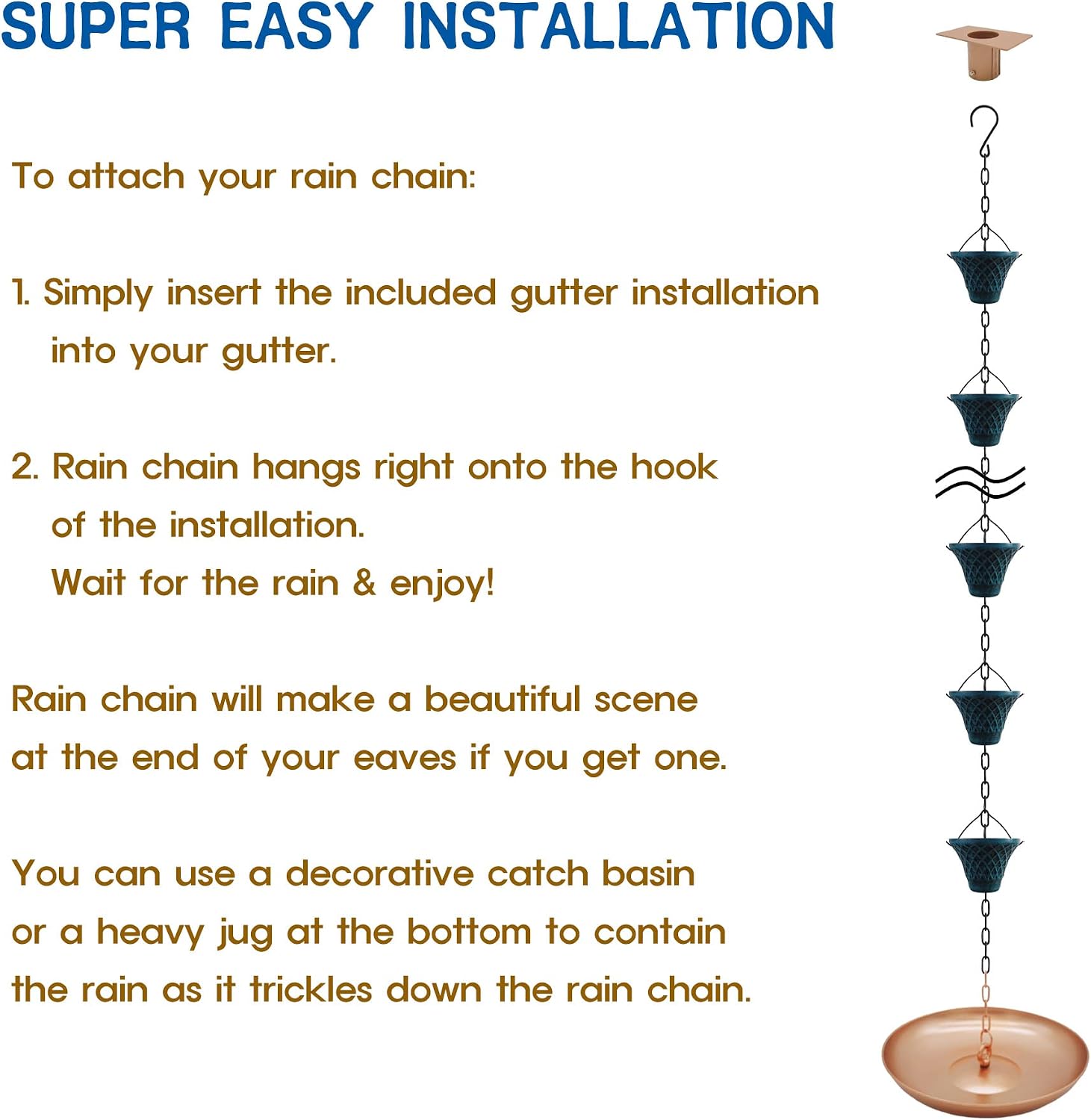 8.5FT Bell Iron Rain Chain for Gutters and Rain Barrel+Adapter, New Blue | Rain Chains for Downspout, Rust-Prevent