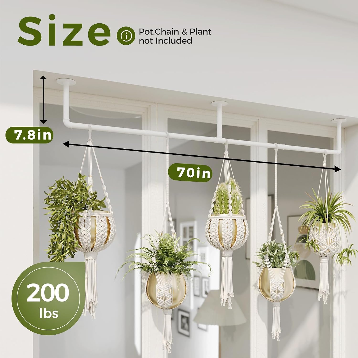 Bamworld Hanging Planters for Indoor - 70in White Metal Rod Plant Hangers | (Pot & Plant Not Included)
