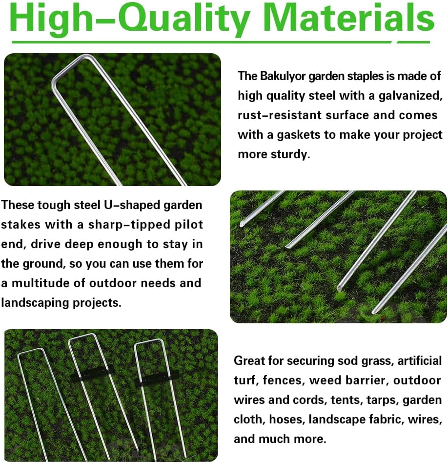 Bakulyor 100 Pcs Landscape Staples + 100 Pcs Gasket, 6 Inch Garden Stakes Staples 11 Gauge U Shaped Galvanized Lawn