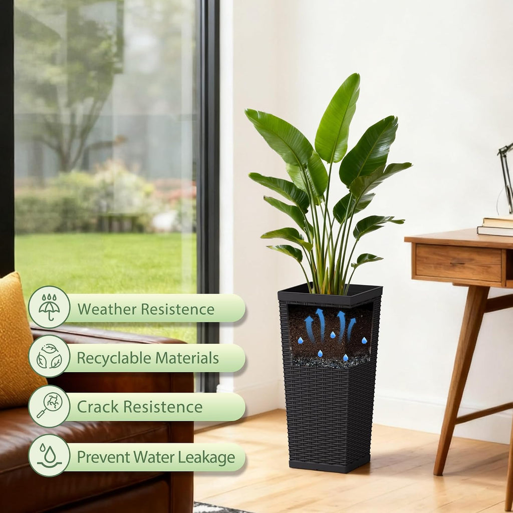24 Inch Tall Plastic Planters (Set of 2) with Drainage Holes, Black | Detachable Inner Pot, Outdoor Decorative Flower