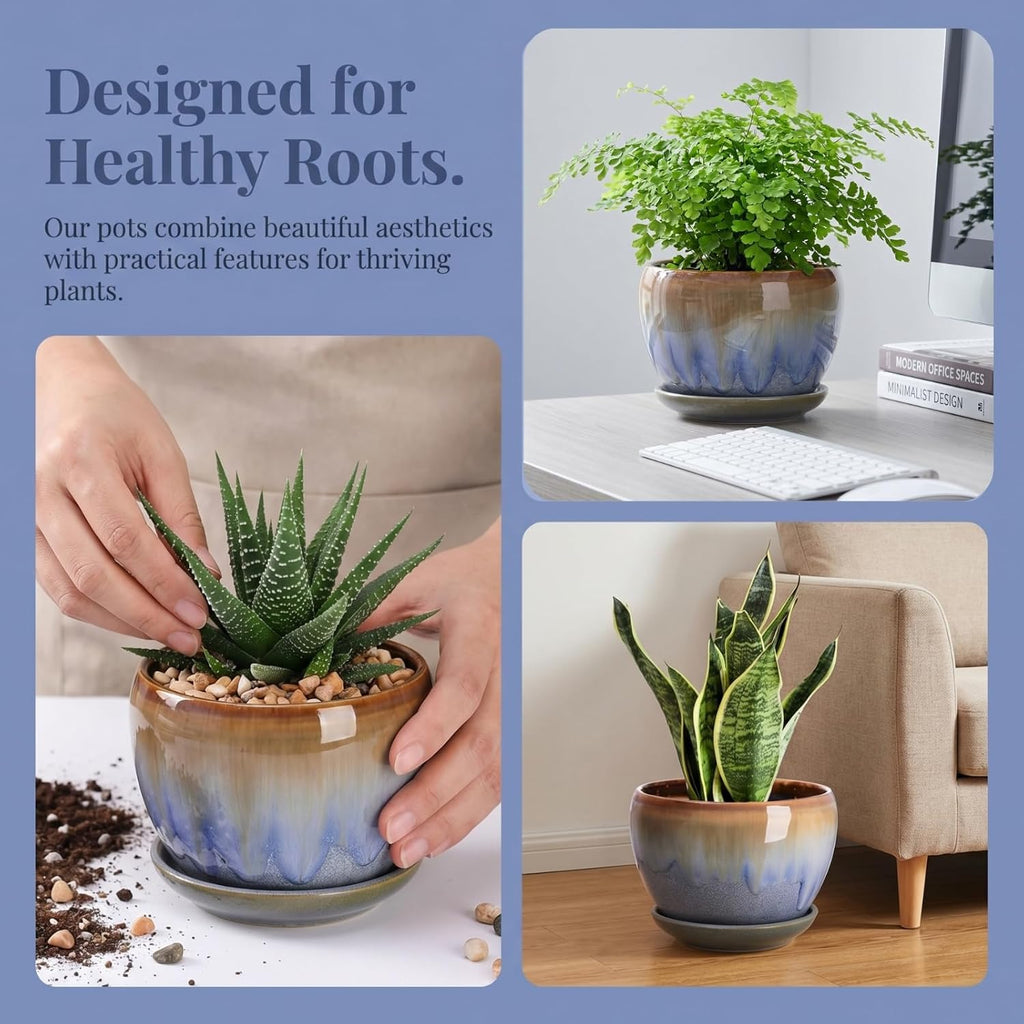AVLA 3 Pack Ceramic Plant Pots, Gardening Drip Glazed Planters, Decorative Flower Pot with Drainage Hole and Saucer