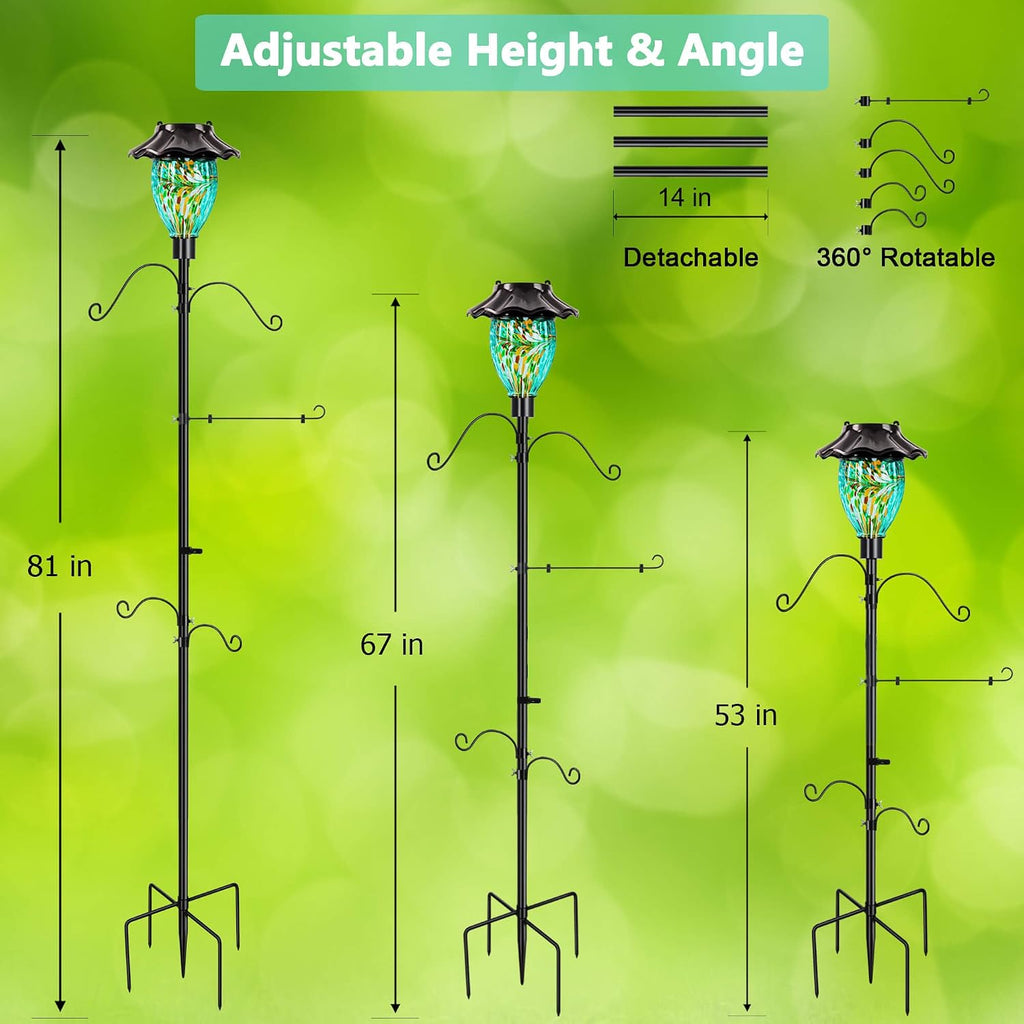LUJII Solar Shepherds Hooks for Outdoors, Bird Feeder Pole with 4 Adjustable Hangers and 1 Flag Holder, Garden Stand