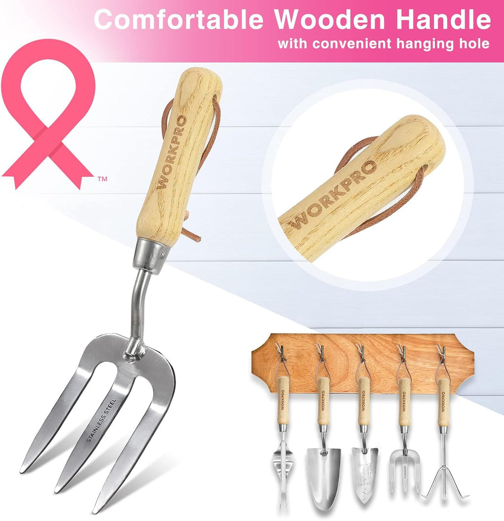 WORKPRO 8-Piece Pink Garden Tool Set - Pink | Stainless Steel, Wood Handle, Including Garden Tote, Gloves, Trowel, Hand