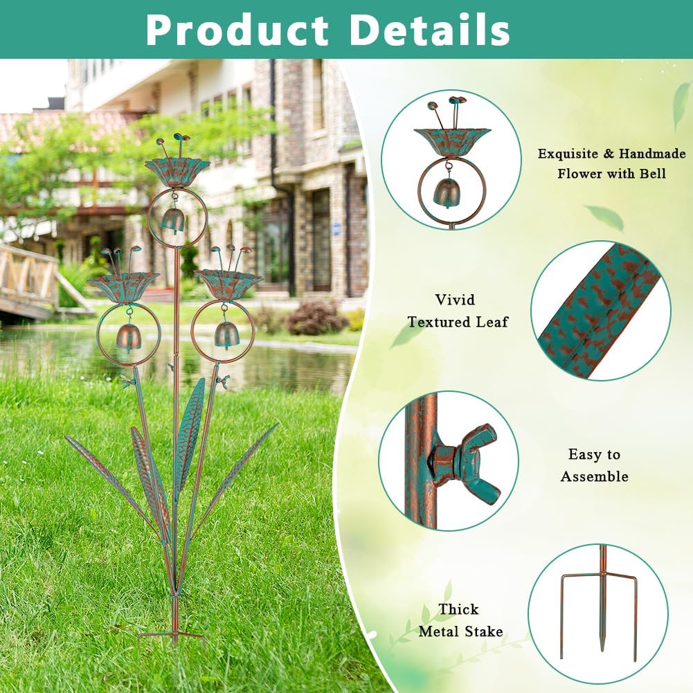 Calla Lily Garden Stake with Bells | Metal Flower Decorative Garden Stakes, 34" H Yard Art for Outdoor Lawn Patio