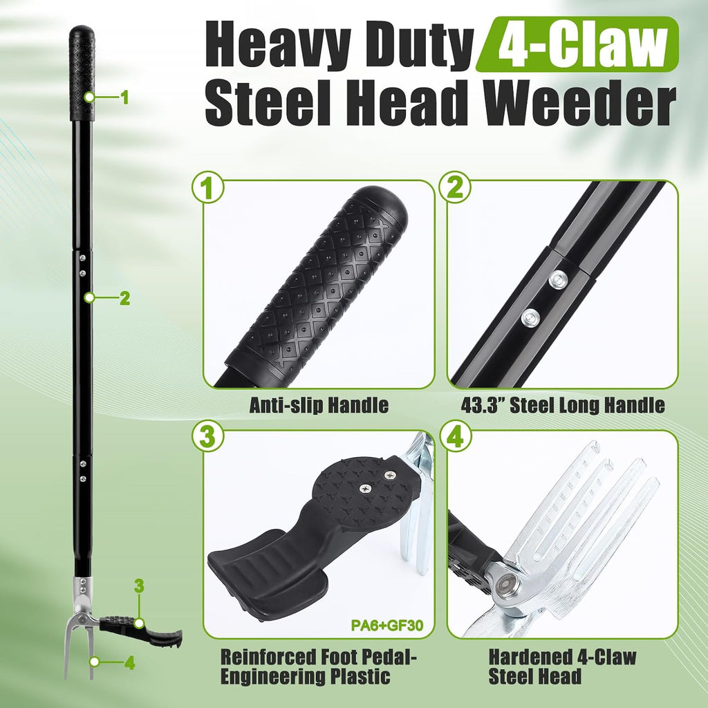 Stand Up Weed Puller Tool, 4-Claw Steel Head Heavy Duty Weeder, Adjustable Long Handle Garden Weeding Tool for