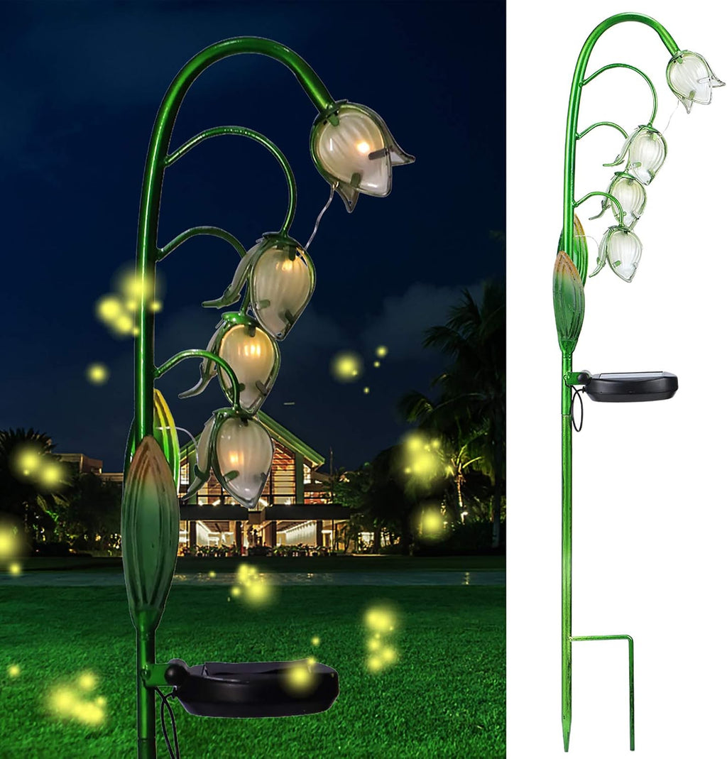 VCUTEKA Outdoor Solar Garden Light, Lily of the Valley Glass Flower Decor | Warm White Solar Stake Light, IP44