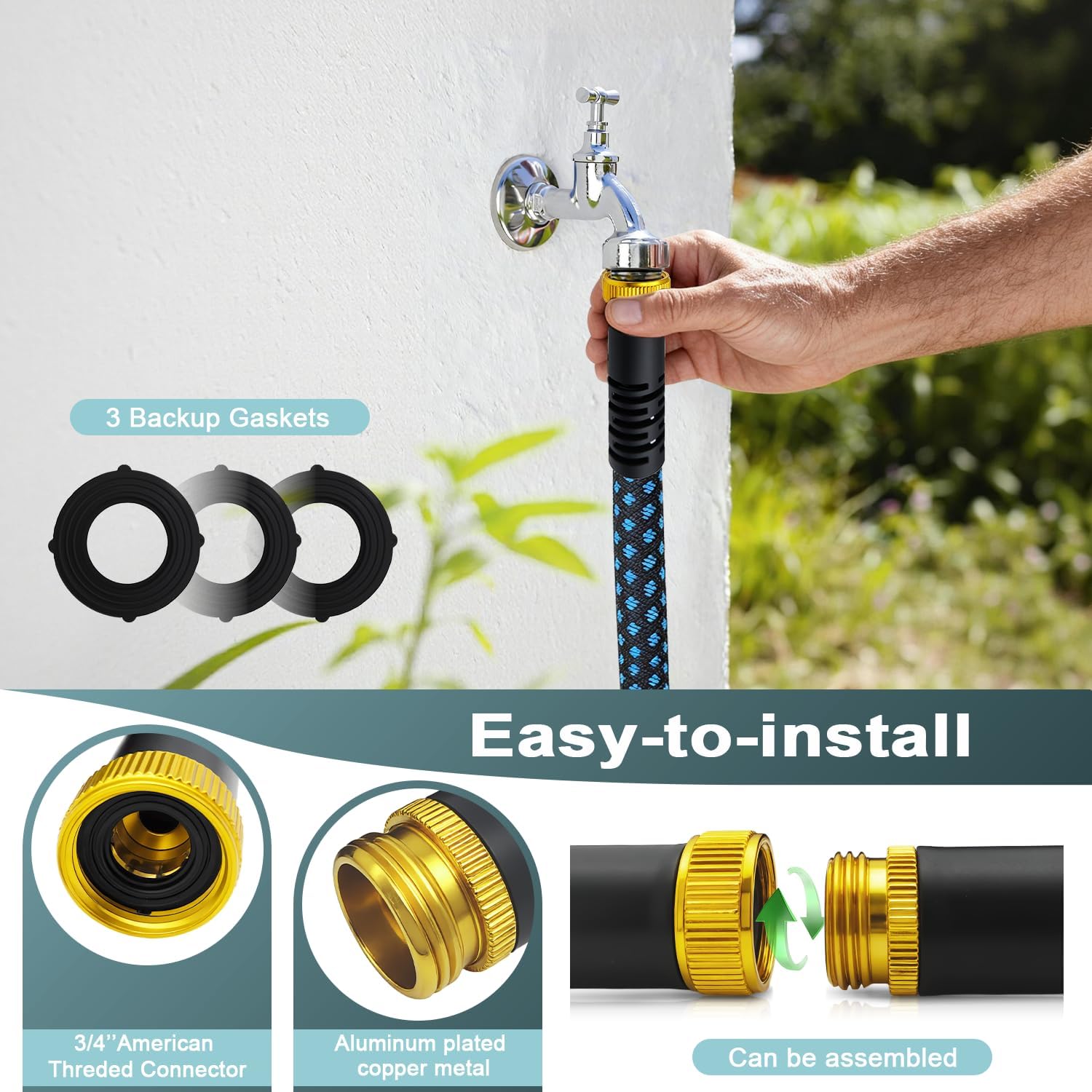 Garden Hose 50ft, Non-Expanding Water Hose Ultra Lightweight, Kink-Free Flexible Hose with 10-Pattern Nozzle, Durable &