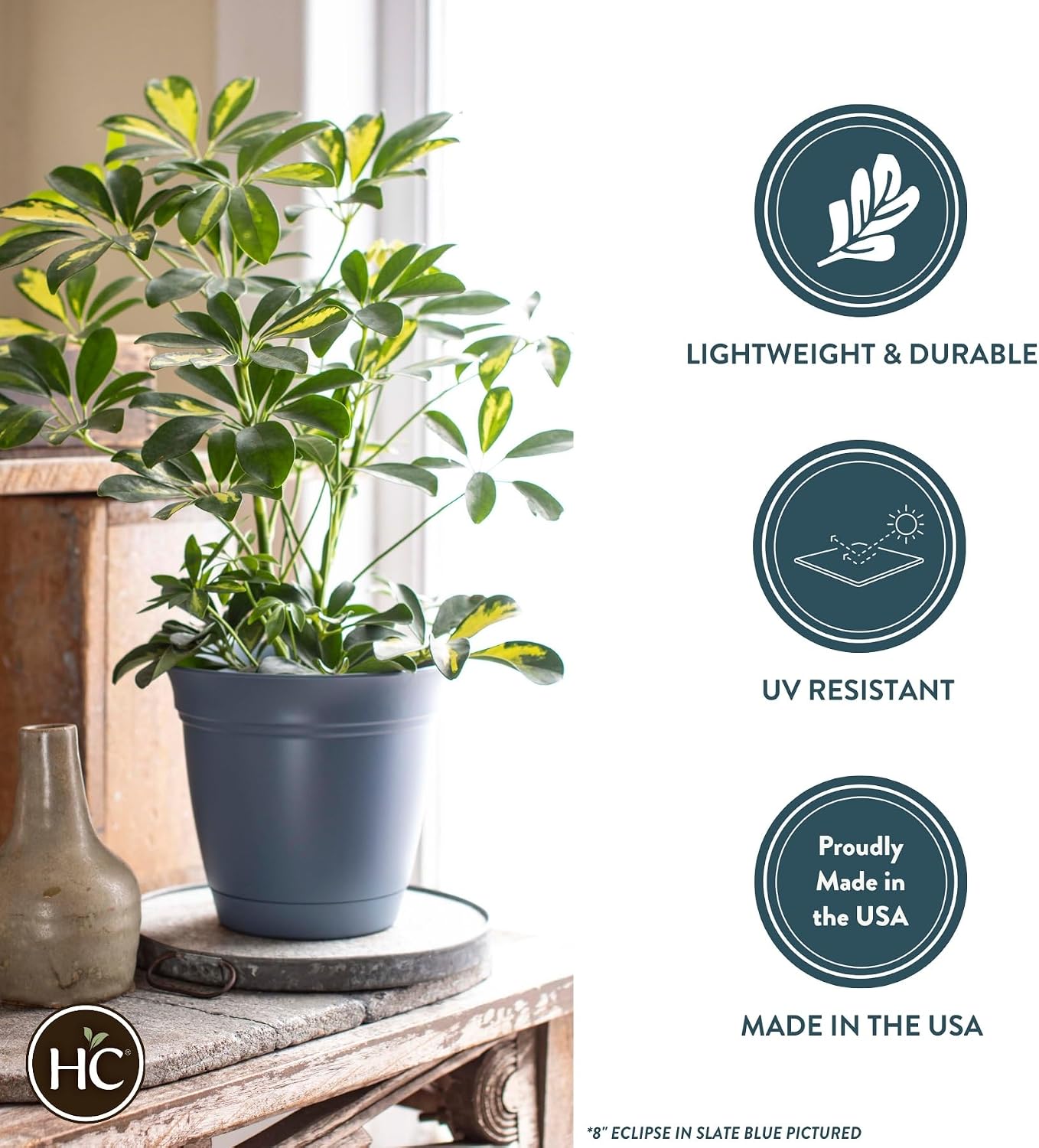 The HC Companies Eclipse Round Planter with Saucer - Outdoor & Indoor Plant Pot with Drainage Holes - Lightweight