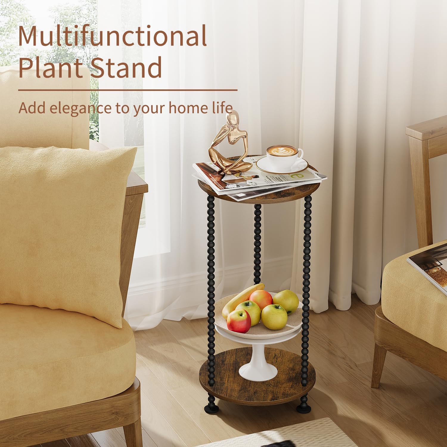 YINMIT Plant Stand Indoor, 2 Tier Small Plant Stand, Plant Stands with Metal Spindle Poles, Corner Flower Pot Stand