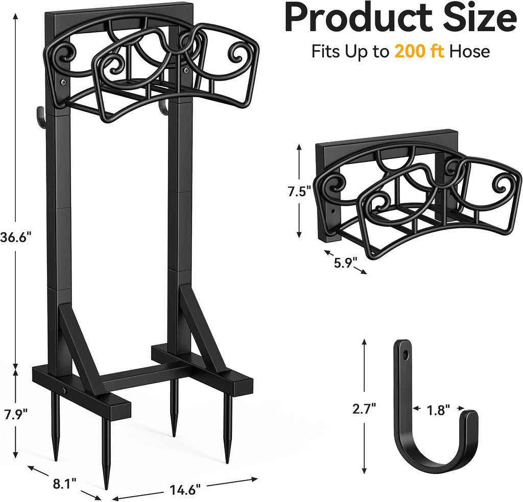 Garden Hose Holder Stand, Freestanding Metal Water Hose Storage Rack with Hooks for Outside Yard Lawn, Heavy Duty