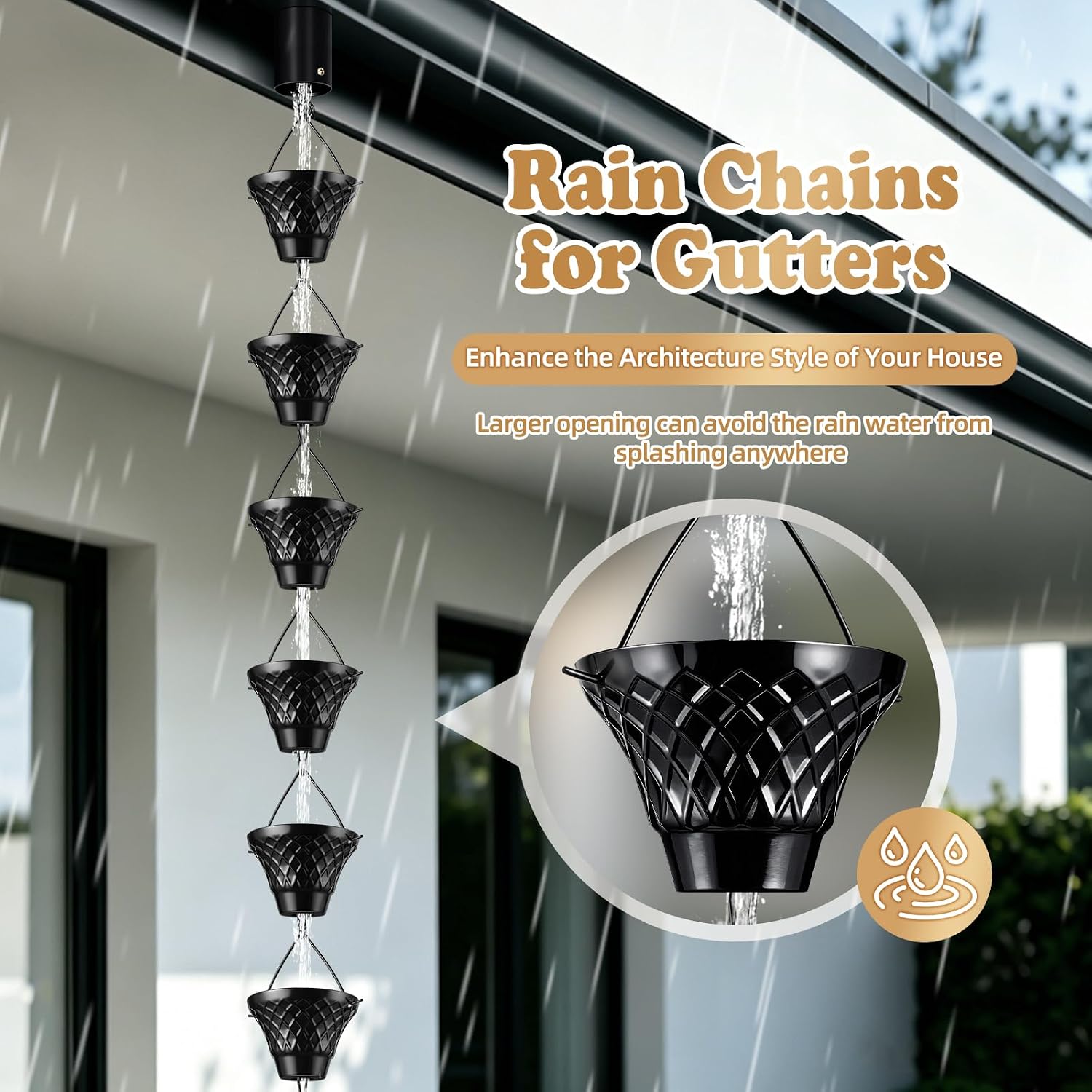 8.5 FT Black Rain Chain with Adapter for Gutters Downspouts Outside | 16 Cups, Large Opening to Avoid Splashing, Easy