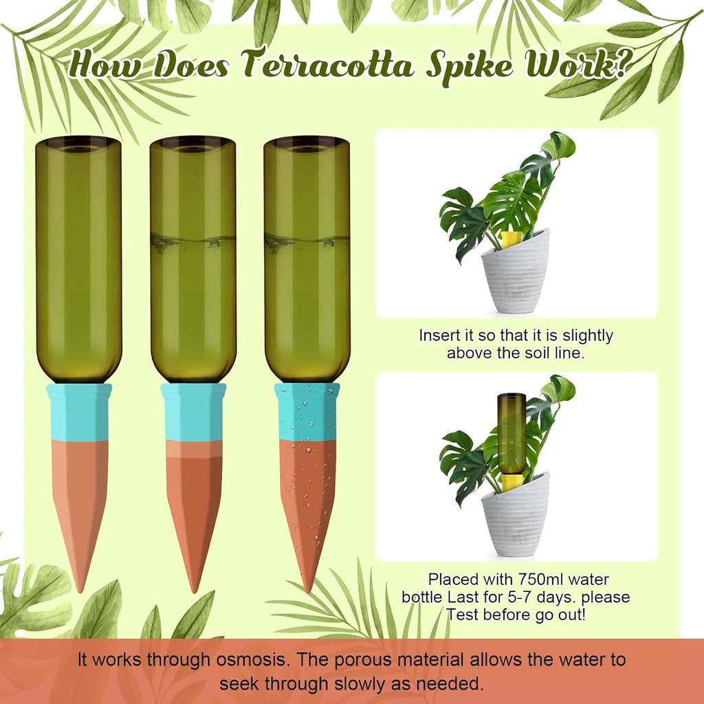 SiliFine 12 Sets Terracotta Watering Spikes,Green and Mixed Color | 26 oz Bottles for Slow Release Watering, Self