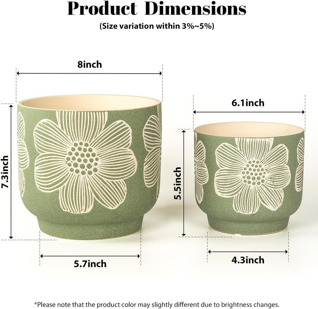 Ceramic Plant Pots, 8+6 Inch, 2 Pcs Indoor Planters with Drainage Holes | Green sand-glazed ceramic planters with