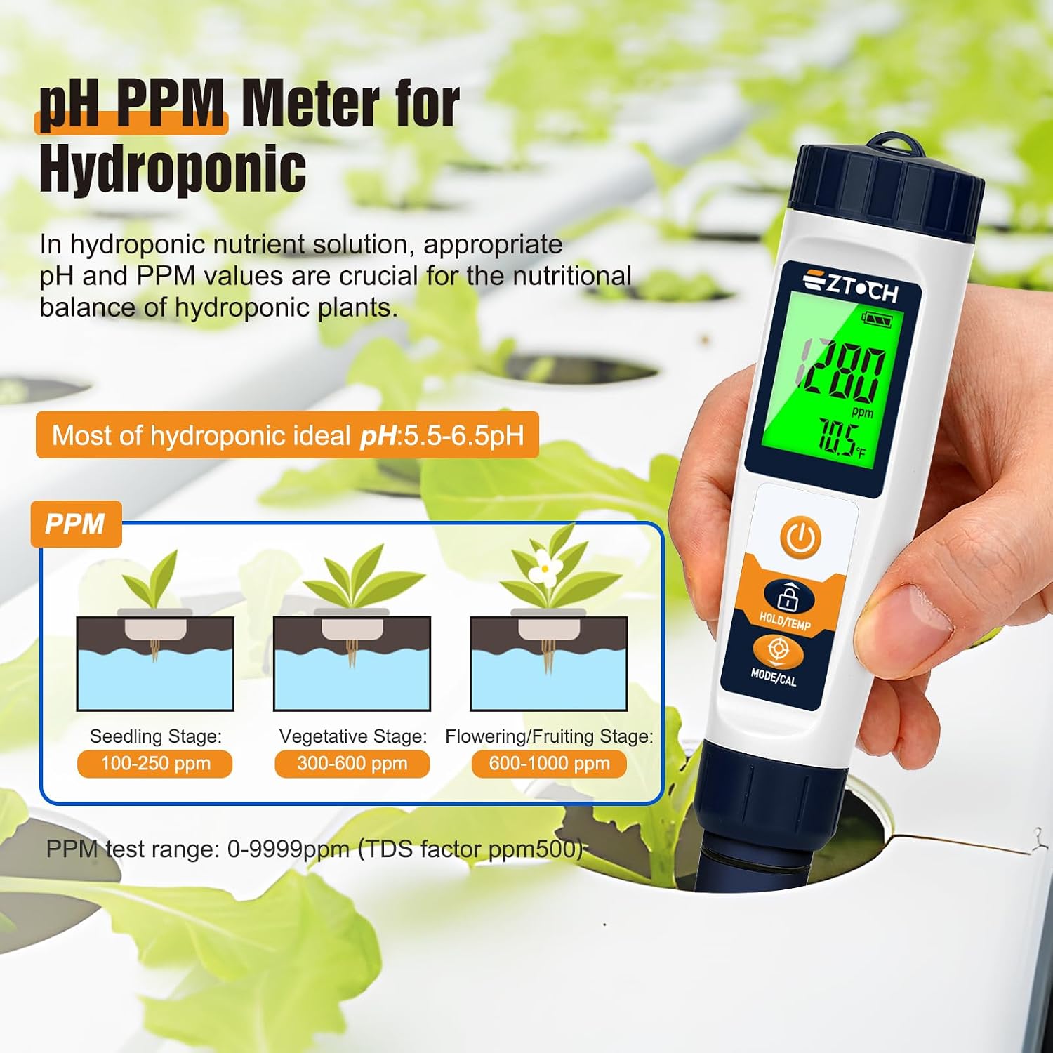 Hydrogen Water Tester pH H2 ORP Meter, Hydroponic pH TDS EC Meter, 6 in 1 | pH H2 ORP TDS EC Temp Tester for Drinking