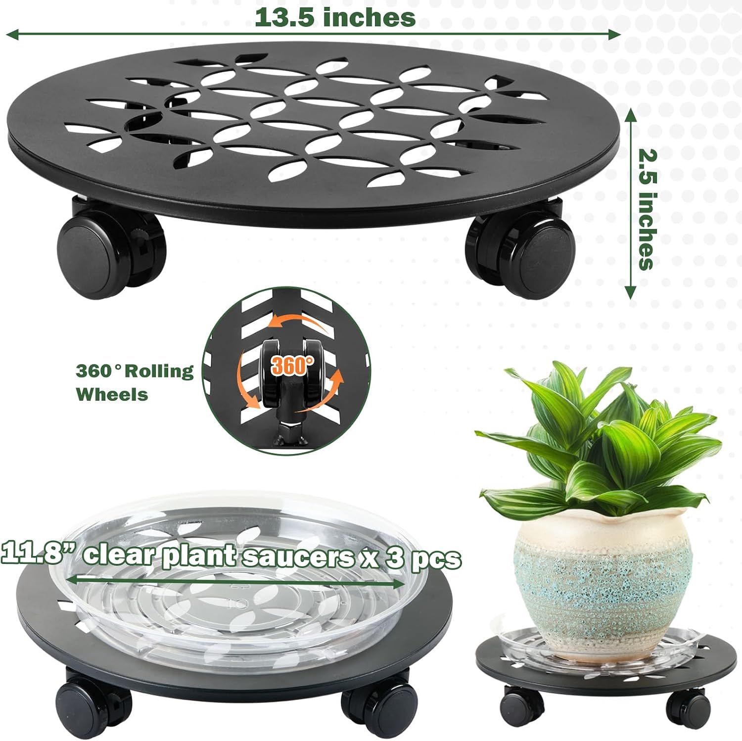 3 Packs 13.5" Large Metal Plant Caddy with Wheels Heavy-duty Plant Dolly Pot Mover Rollers Rolling Plant Stands Indoor