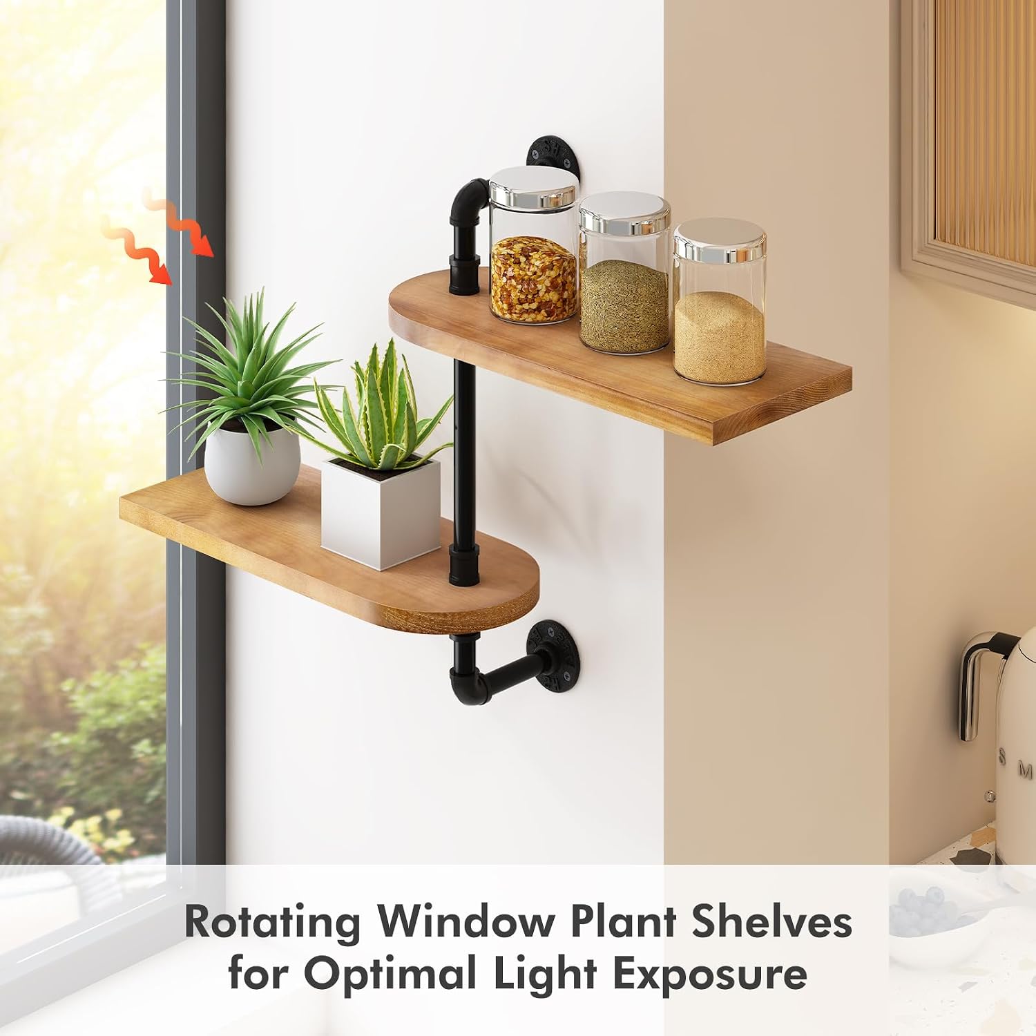 OtGalk 2-Tier Rotating Window Plant Shelf, Wooden Indoor Plant Stand | Rotating design provides optimal light exposure.