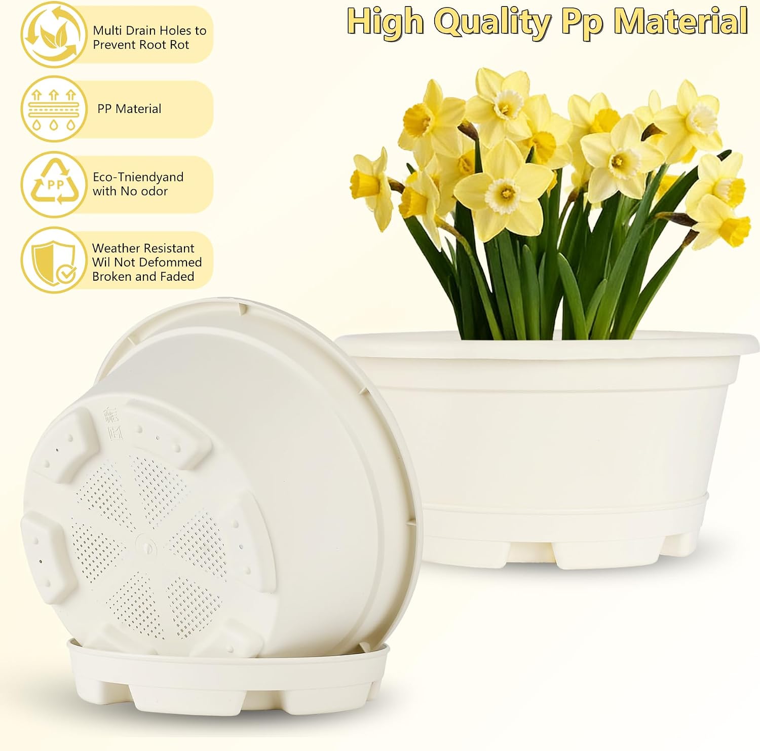 KPUVX 5 Pack 10.5 inch Plant Pots, Plastic Flower Pot | Indoor Outdoor Plants, Drainage Holes & Trays, Decorative