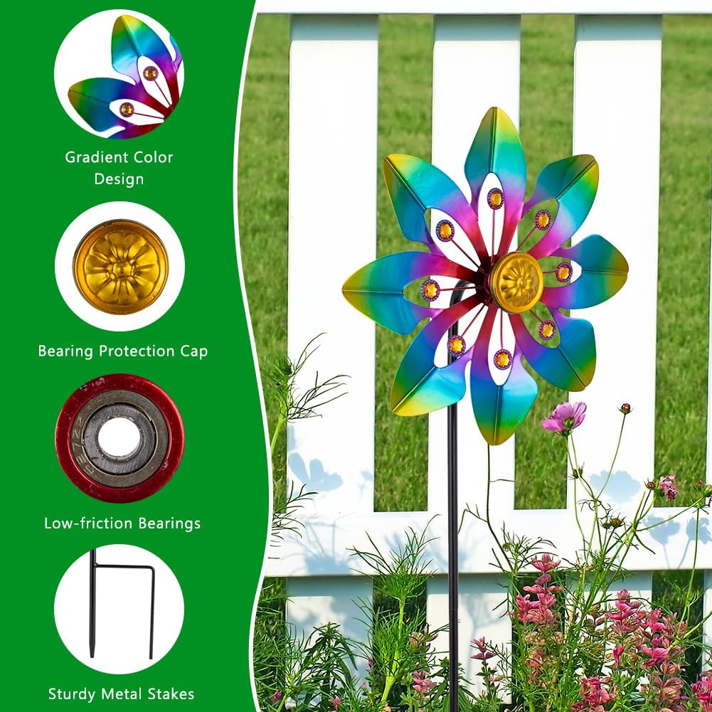 VEWOGARDEN 2 Pack Wind Spinners Outdoor, Metal Wind Spinner with Flower Design for Yard Garden Lawn Decorations