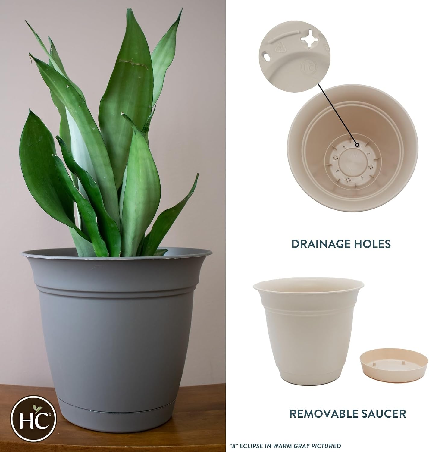 The HC Companies Eclipse Round Planter with Saucer - Outdoor & Indoor Plant Pot with Drainage Holes - Lightweight