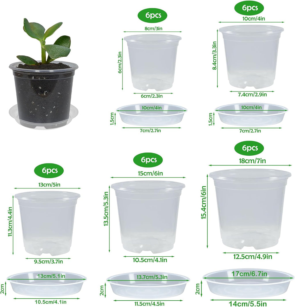 30 Pack 3/4/5/6/7 Inch Clear Nursery Pots with Drainage and 30 Pack Plant Saucers, Plant Pots for Plants Transparent