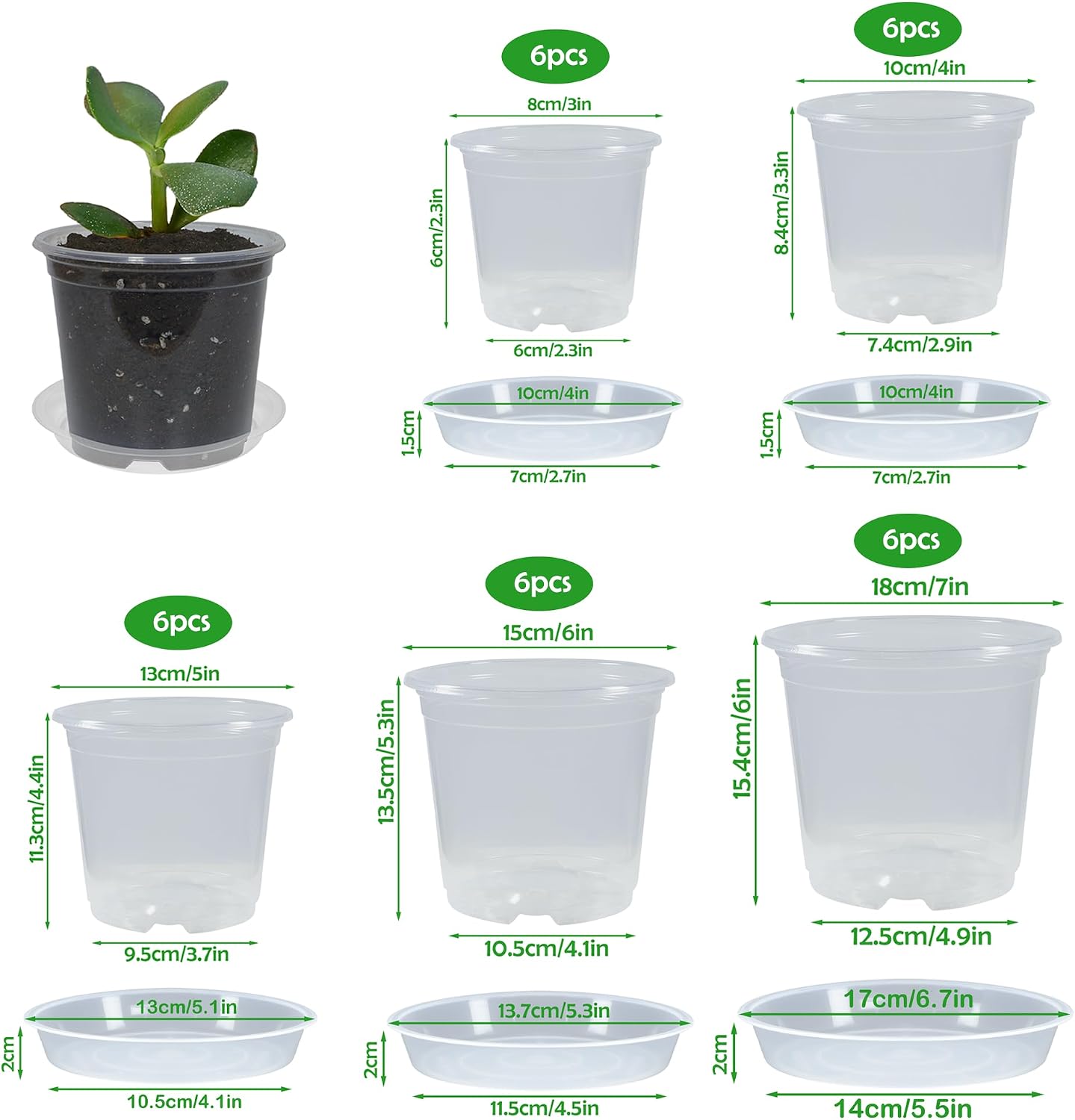 30 Pack 3/4/5/6/7 Inch Clear Nursery Pots with Drainage and 30 Pack Plant Saucers, Plant Pots for Plants Transparent