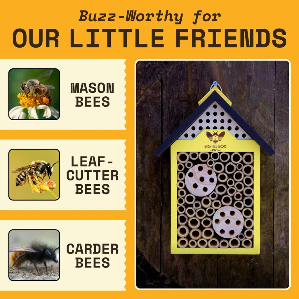 Bee House for Garden - Yellow with Nesting Tubes, Easy Mount | Wooden pollinator hotel with removable nesting tubes
