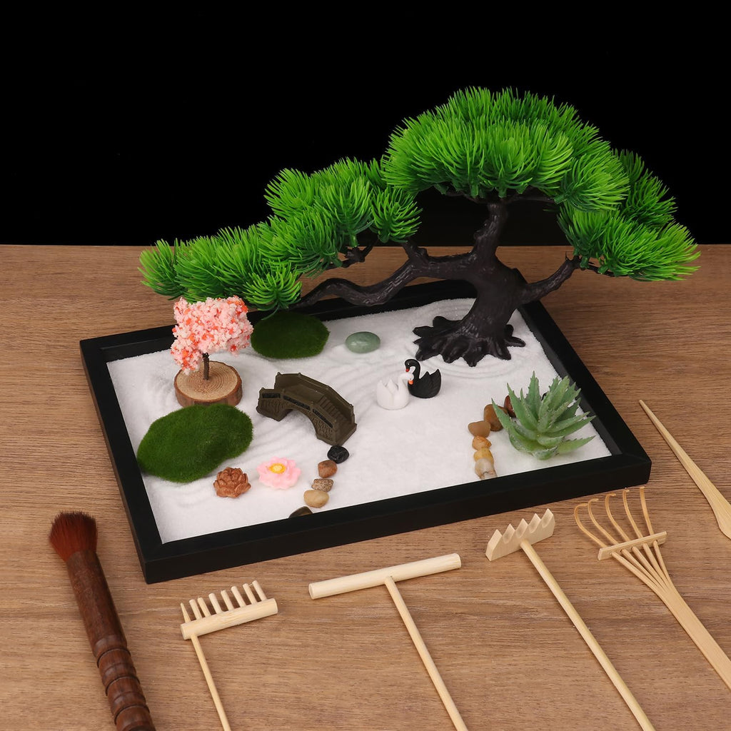 Mini Zen Garden Kit, Zen Garden for Desk - Tranquil Zen Sand Garden for Office Decor with Assorted Meditation