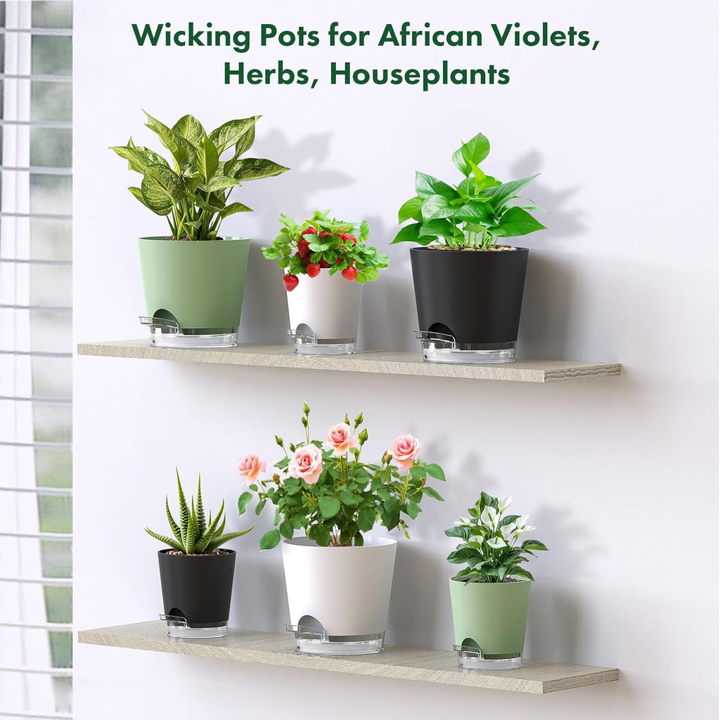 Meowell 7 inch Self Watering Pots for Indoor Plants, 5 Pack Plant Pots with Drainage Holes & Clear Reservoir for