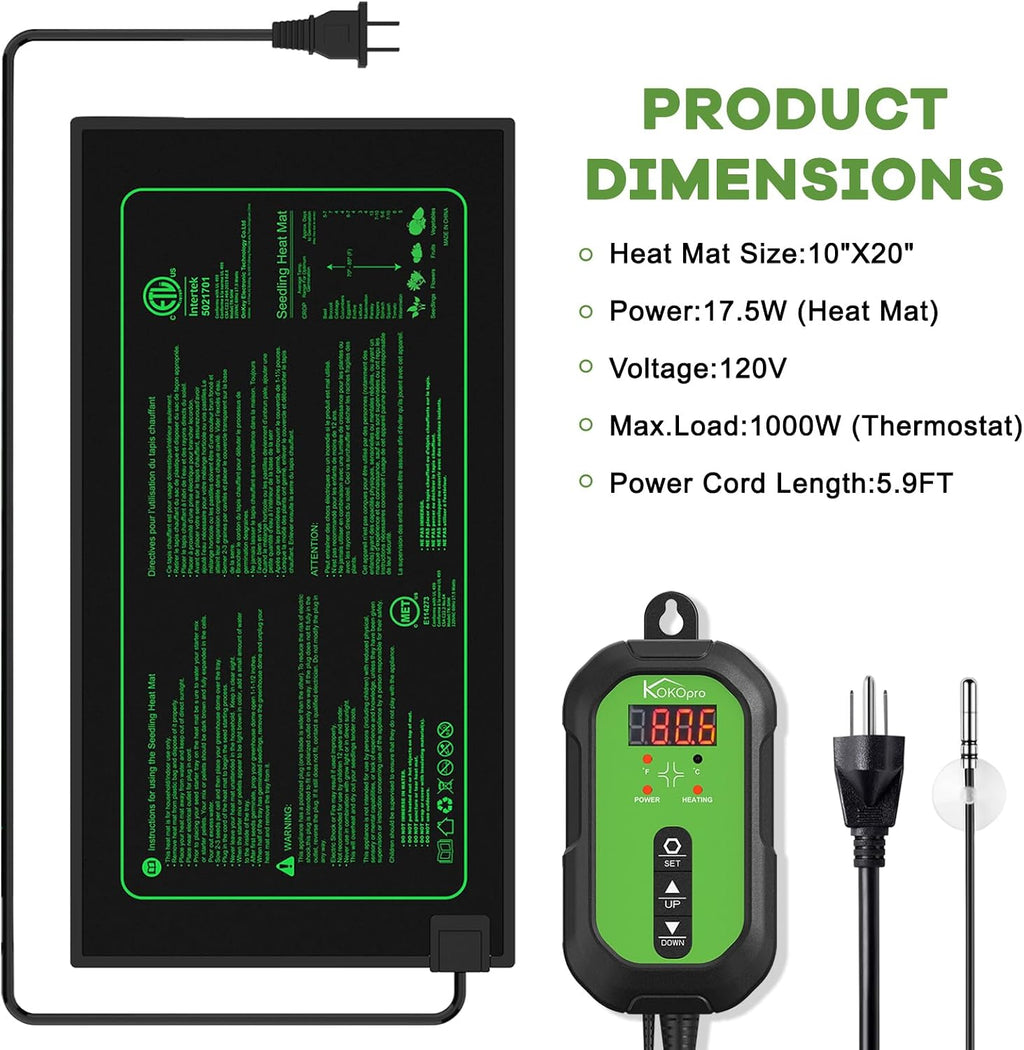 10"x 20" Seedling Heat Mat and Digital Thermostat Combo Set - KOKOPRO Warm Hydroponic Heating Pad for Seed Germination