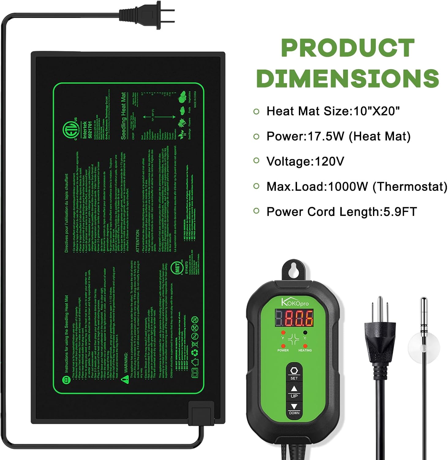10"x 20" Seedling Heat Mat and Digital Thermostat Combo Set - KOKOPRO Warm Hydroponic Heating Pad for Seed Germination