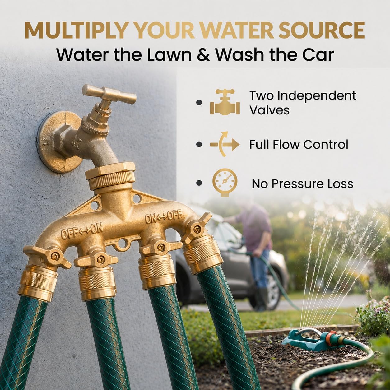Brass 4-Way Splitter LEAD-FREE, Heavy-Duty Garden Hose Manifold Connector with Improved Comfort Grip ON/OFF Valves