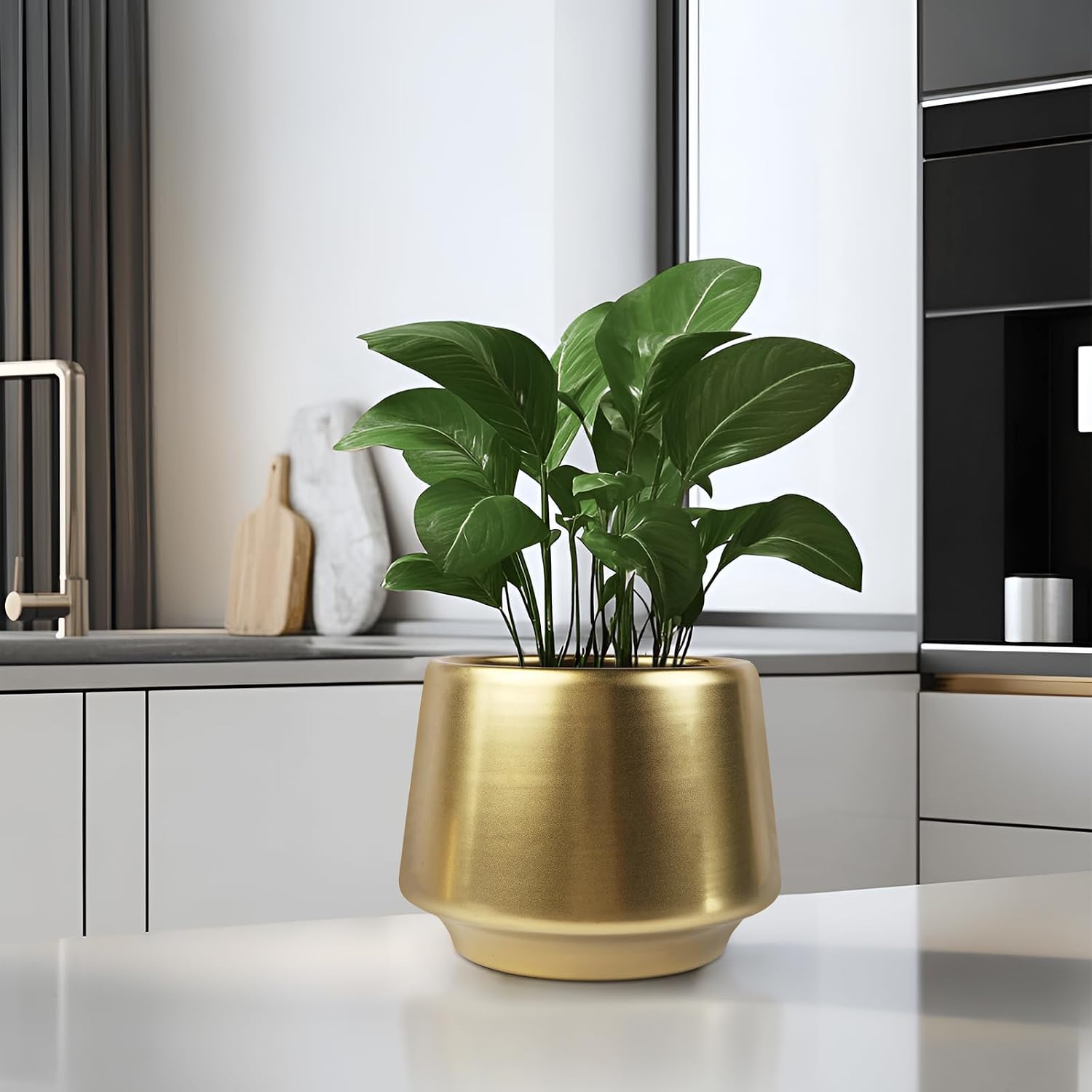 Gold Indoor Plant Pot 7 Inch Large Ceramic Planter With Drainage Hole - Modern Brass Flower Pot Centerpiece Vase