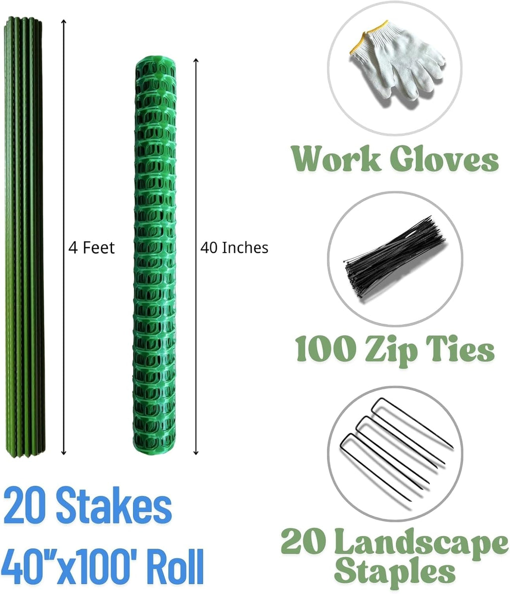 40'' x 100', Green, Plastic Garden Fence with Stakes, Strength | Reusable HDPE Mesh, Construction & Outdoor Use, Easy