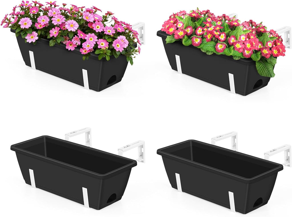 Railing Planter Box 4 Pack Hanging Balcony Planters with Adjustable Bracket | 17 Inch Railing Window Boxes Planter