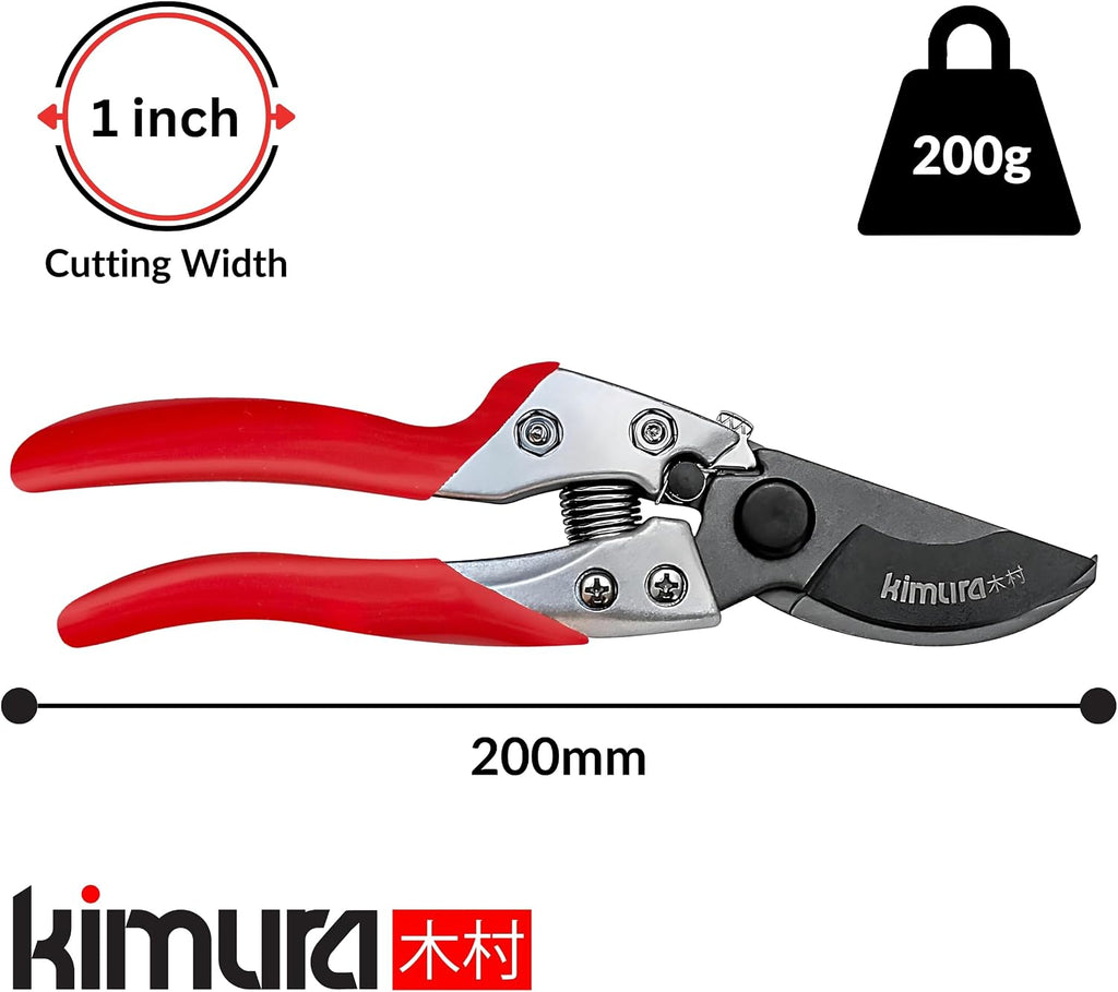 Kimura® 8" Pro Bypass Pruning Shears, Heavy Duty Japanese SK5 Steel Blades, 1 inch Cut Capacity, Non-Slip PVC Coated