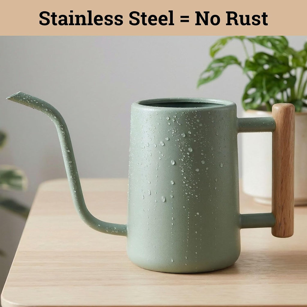 Metal Small Indoor Watering Can with Long Spout & Real Wood Handle, 35oz | Long Spout, Stainless Steel, Real Wood