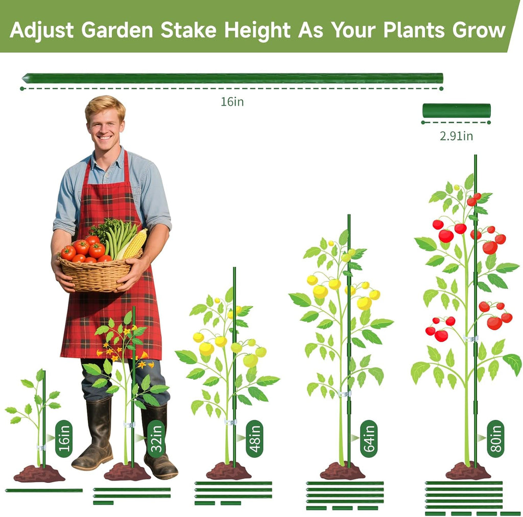 70pcs Garden Stakes Set, 16 Inches Plastic Coated Metal Plant Sticks Stakes Supports, DIY 4ft 5ft 6ft 7ft 8ft Tomato