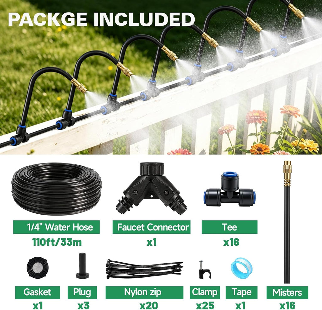 Riboud 110Ft Drip Irrigation System, 2026-Upgrade Garden Watering Kit with 16 Adjustable Copper Rotating Arm Nozzles