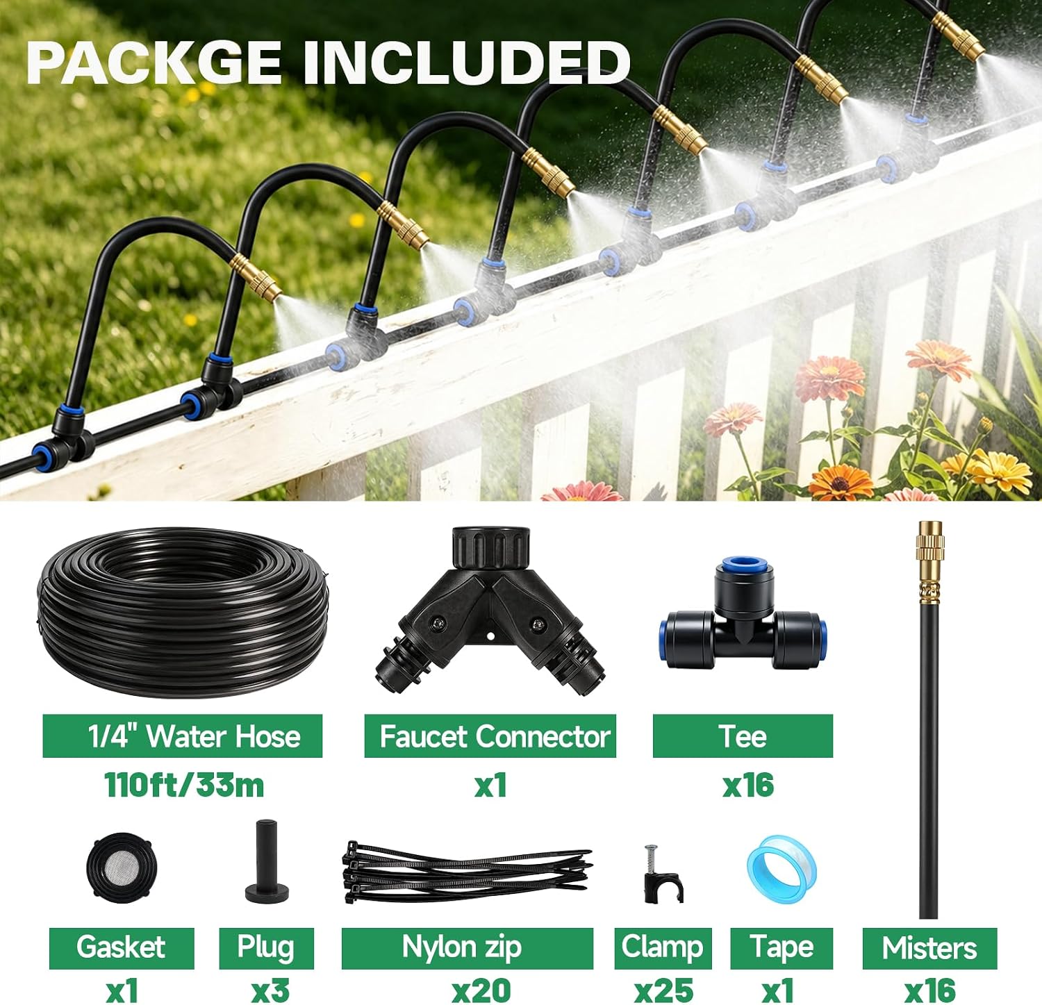 Riboud 110Ft Drip Irrigation System, 2026-Upgrade Garden Watering Kit with 16 Adjustable Copper Rotating Arm Nozzles