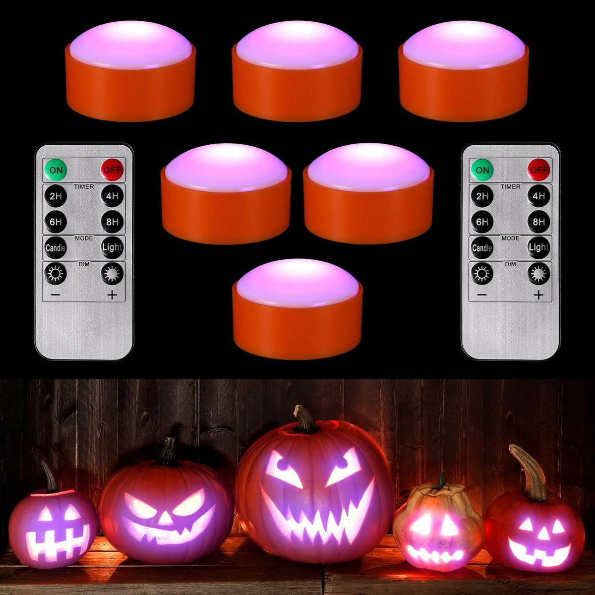 Riakrum 6 Pack Halloween Pumpkin LED Lights, Orang, Purple Light
