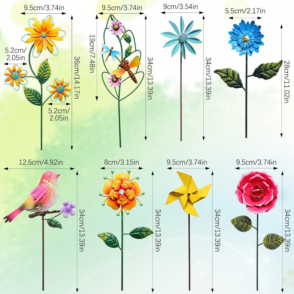 8 Pcs Metal Flower Yard Art for Outside Outdoor 14" 5d Summer Wildflowers Metal Sign Waterproof Garden Stakes Bird