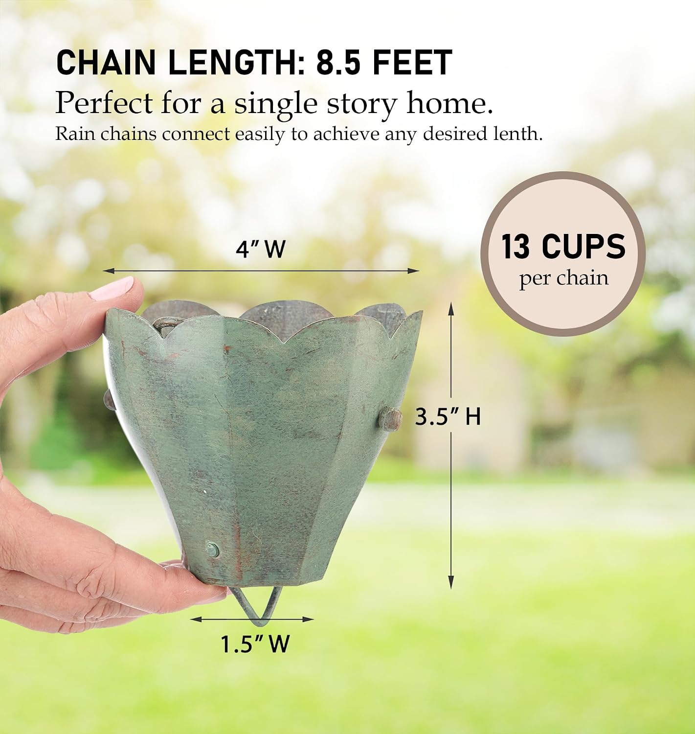 Good Directions 463V1-8 Tulip Rain Chain 8-1/2 Feet Long, 13 Extra Large Cups, 100% Blue Verde Pure Copper