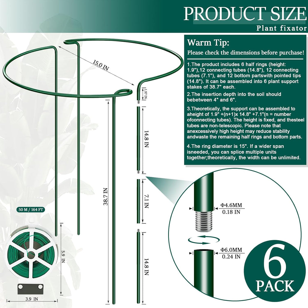 6-Pack 38.7” Plant Support Stakes, Steel Plant Cage & Peony Tomato Hydrangea Cage, Garden Stakes for Outdoor Plants